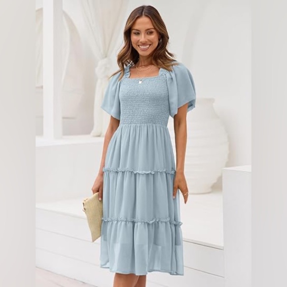 LILLUSORY Women's Casual Flutter Sleeve Square Neck Midi Dress. Baby Blue XL